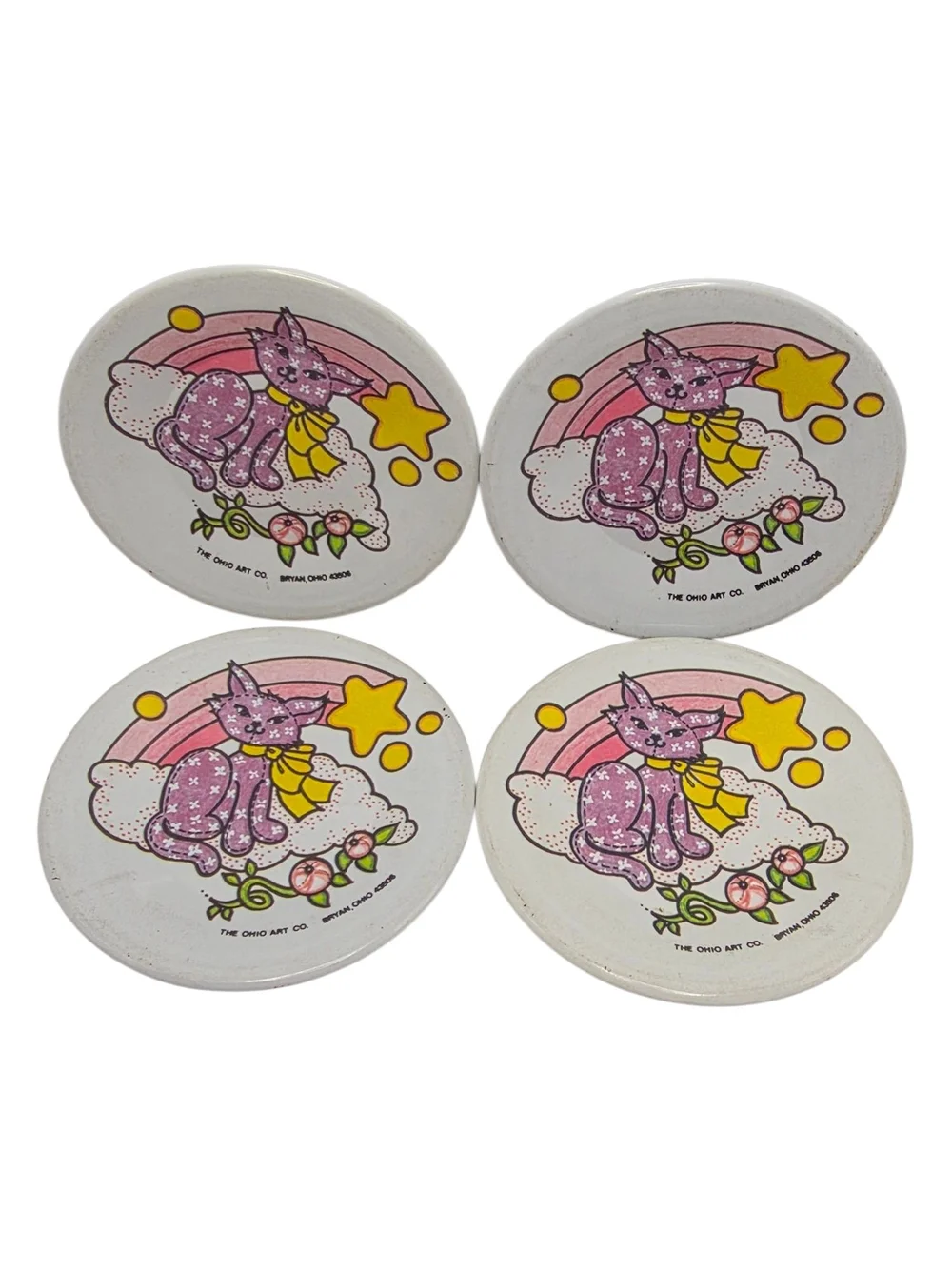 Vintage 1970s Sunnie Miss Pink Rainbow 8 Piece Tin Plate and Saucer Toy Set